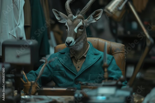 An antelope dressed as a tailor is crafting magical garments in an ethereal workshop © JK_kyoto