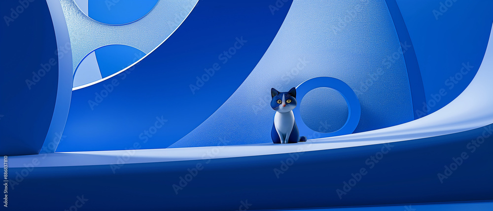 Blue background with a cat, minimal concept, copy space Blue background with a cat, minimal concept, copy space