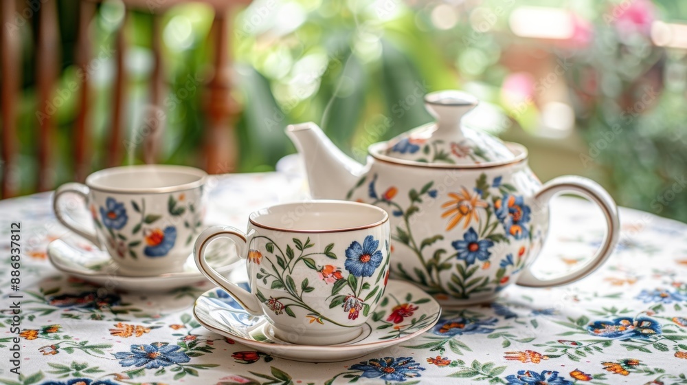tea party invitation, a cute setup for a tea party invite teacups and teapot on a floral tablecloth, leaving space for event details tea party invitation, a cute setup for a tea party invite teacups and teapot on a floral tablecloth, leaving space for event details