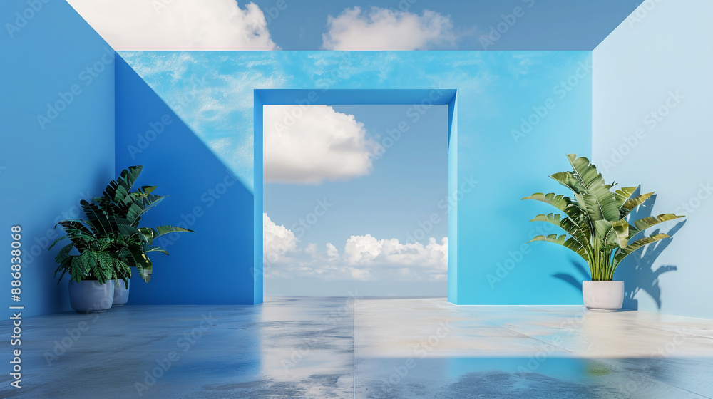 Fototapeta premium Sleek villa entrance with sky blue paint, cement floor. Outdoor, clean foreground, cloudy, flat view, 50mm focal length.