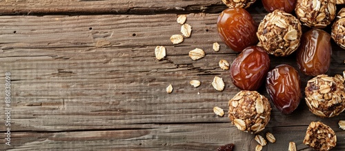 Healthy concept portrayed by date and oat energy bites on a wooden surface with copy space image.