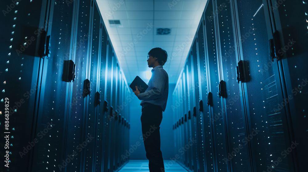 Focused IT Professional Using a Laptop in a Server Room with Blue-Lit Network Equipment Focused IT Professional Using a Laptop in a Server Room with Blue-Lit Network Equipment