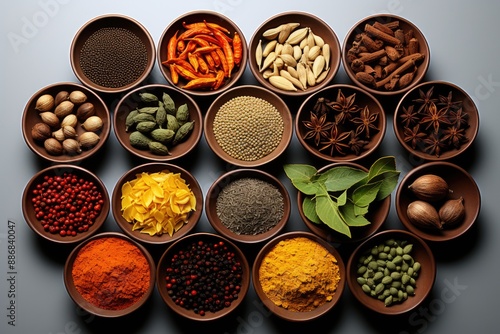 Top View Mix Spices and Herbs Terracotta of different size pans in white backgro, generative IA