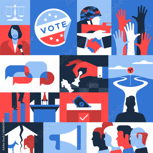 Politics concept seamless pattern illustration. Modern geometric mosaic style background for political election season, social issues design. President choice, government campaign.