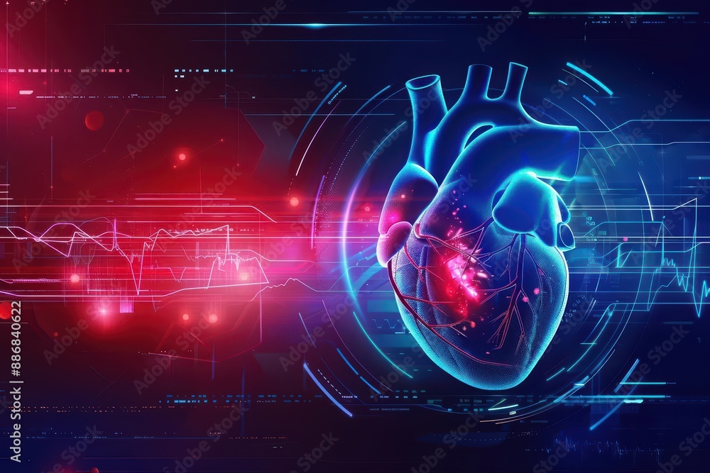 Fototapeta premium Futuristic medical research banner displays innovative heart health diagnostics and stethoscope technology in clinical settings