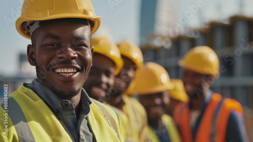 Black smiling construction worker in a yellow hard hat stands in the foreground, with a group of similarly dressed colleagues in the background