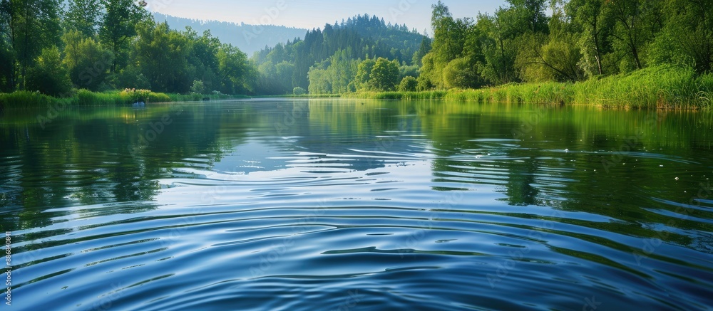 Blue river with a reflective water surface creating a peaceful scenery, suitable for copy space image. Blue river with a reflective water surface creating a peaceful scenery, suitable for copy space image.