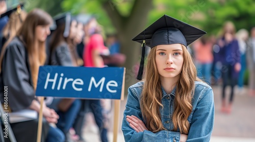 standing graduation student girl with Hire Me sign at university with copy space, graduation students