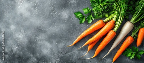 A healthy eating concept featuring fresh carrots on a gray background, creating a frame of vegetables on a table in a raw and organic food copy space image.