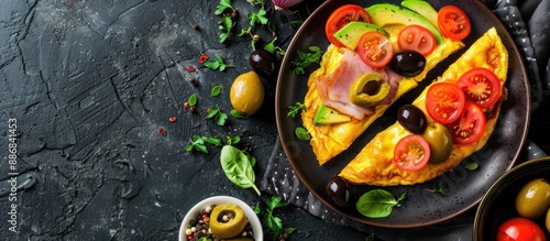 A keto breakfast featuring an omelette with tomato, olives, and avocado, along with ham. This low-carb, high-fat meal aligns with the ketogenic diet and showcases healthy food with copy space image. photo