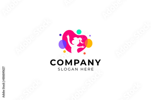 Woman Child Logo inside Love Heart shape decorated Bubble with Colorful flat vector design template style
