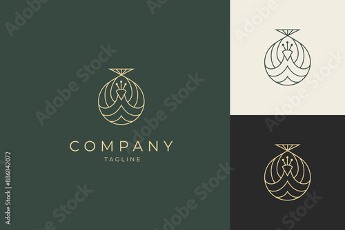 Ring Jewelry logo with Peacock bird in luxury gold line art design style