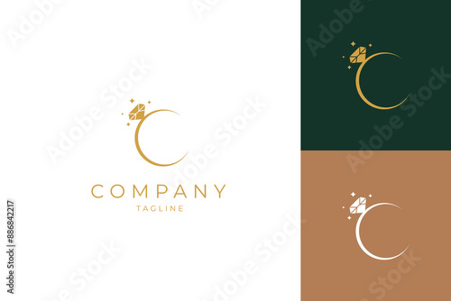 Diamond Ring Jewelry logo with crescent moon shape in luxury elegant gold flat vector design style