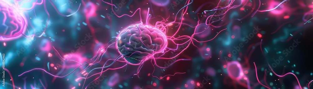 Neon style of neurons firing within the brain enhancing cognitive abilities, set in a cyberpunk 80s color scheme for a synth wave banner template sharpen with copy space Neon style of neurons firing within the brain enhancing cognitive abilities, set in a cyberpunk 80s color scheme for a synth wave banner template sharpen with copy space