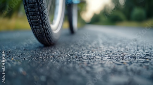 Wallpaper Mural  A tight shot of a bike tire rolling on asphalt, surrounded by trees in the background and grass at the edge Torontodigital.ca