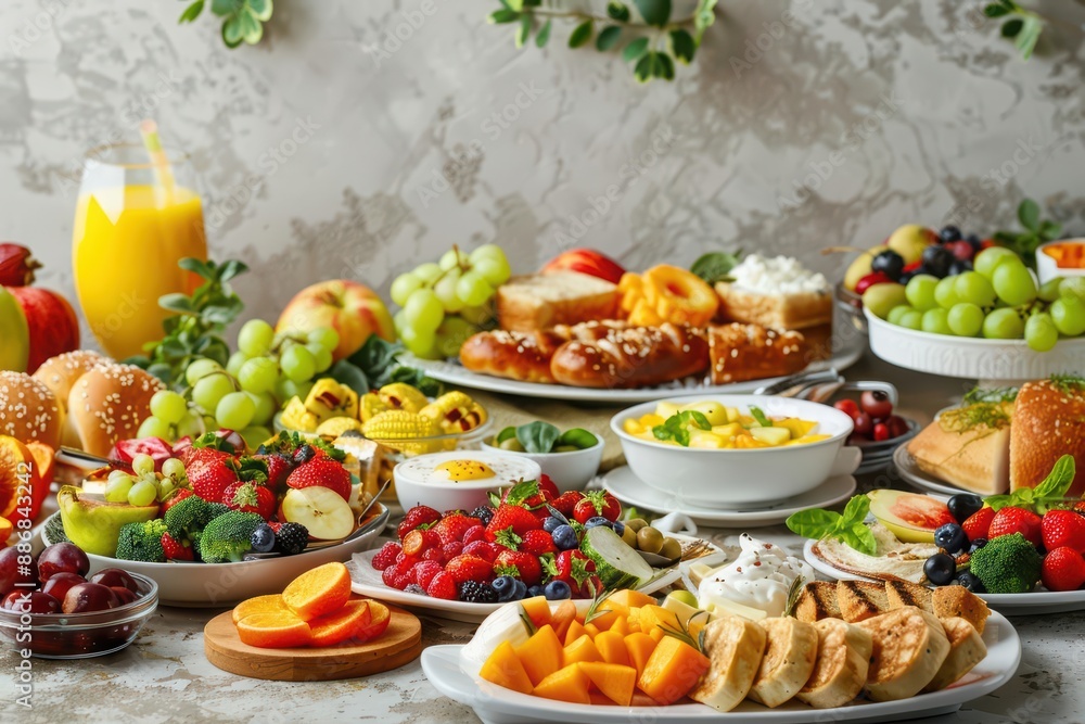 The continental breakfast spread includes an array of fresh fruits and vegetables The continental breakfast spread includes an array of fresh fruits and vegetables