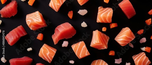 Surimi pieces flying apart, emphasizing their versatile, fishbased texture in a lively burst photo