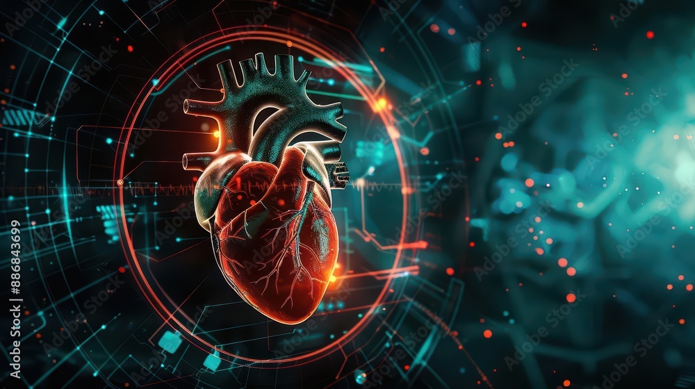 The latest in heart health diagnostics is featured in a futuristic medical research banner
