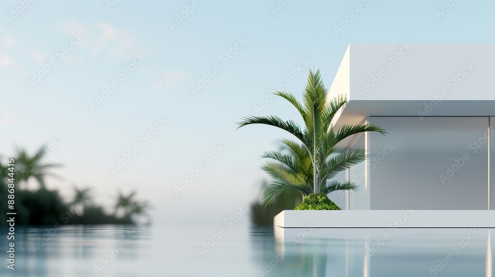 Fototapeta premium A contemporary villa design with a 3D model, in front of a serene river view, flat design illustration, high-resolution photo, realistic photo, cinematography