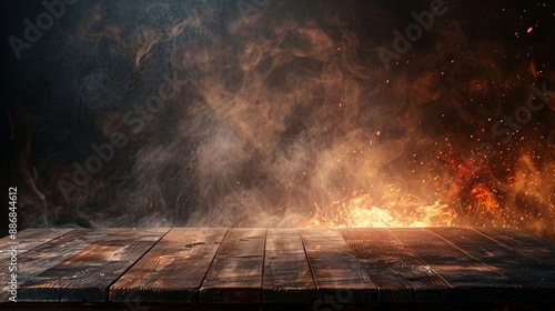 Fire and smoke display products with flames on a dark background, blank wooden tables with a fire burning beside them,