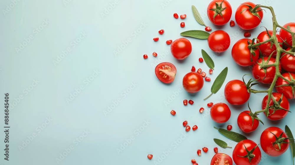 A collection of tomatoes featuring leaves and seeds against a light blue backdrop, ready for text or graphic insertion A collection of tomatoes featuring leaves and seeds against a light blue backdrop, ready for text or graphic insertion