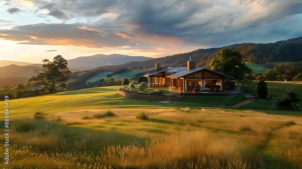 A large house sits on a grassy hillside with a view of the mountains A large house sits on a grassy hillside with a view of the mountains