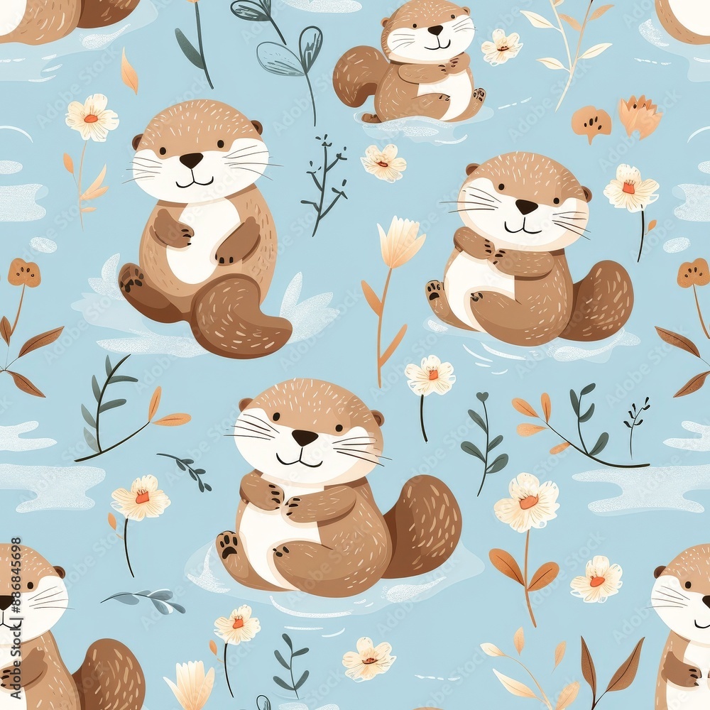 Naklejka premium Cute cartoon otters swim amongst delicate flowers and leaves in a seamless pastel blue pattern.