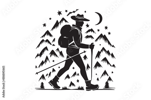 PrintHiking man Silhouettes. hiking man with rucksacks silhouette. hiker with backpack, vector silhouettes. mountaineer climber hiker people. Backpacker. walking with the aid of trekking poles.