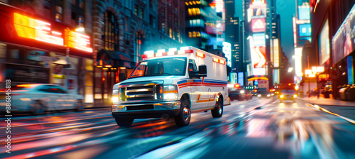 An ambulance, lights flashing, speeds down a city street lined with towering buildings and vibrant neon signs