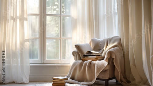 elegant reading nook by a large bay window, featuring a comfortable armchair, a plush blanket, and a stack of classic novels