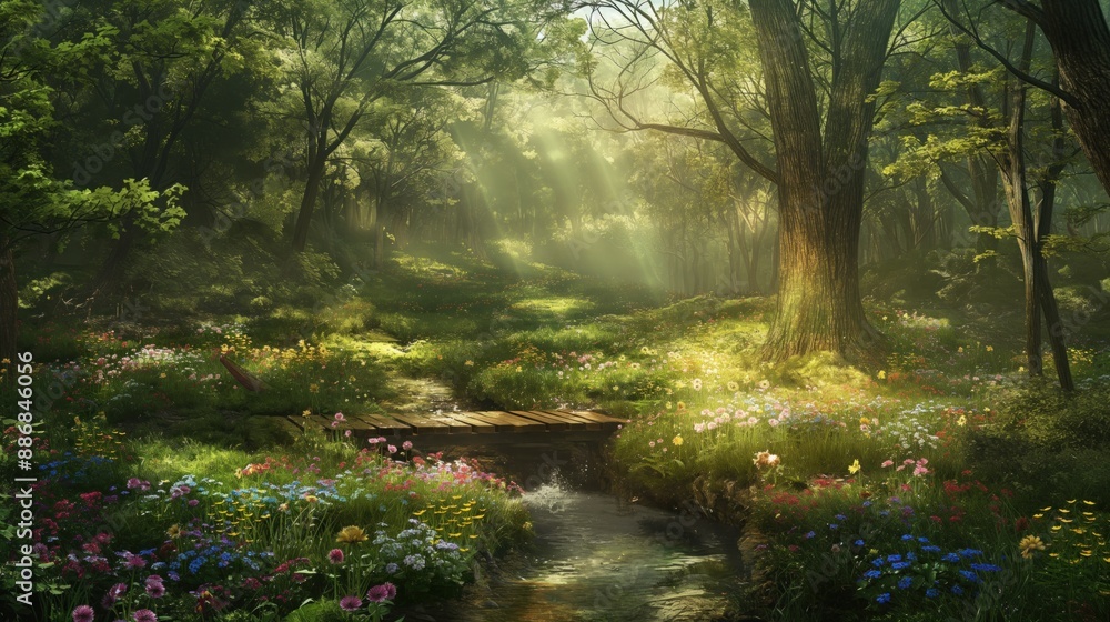 enchanting forest glade with wildflowers, a babbling brook, and a canopy of trees filtering sunlight enchanting forest glade with wildflowers, a babbling brook, and a canopy of trees filtering sunlight