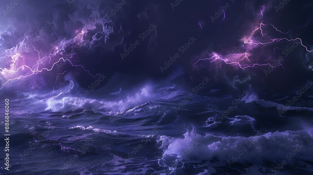 Fototapeta premium Ethereal dark ocean storm with lavender lightning, soft waves under a dark navy night sky