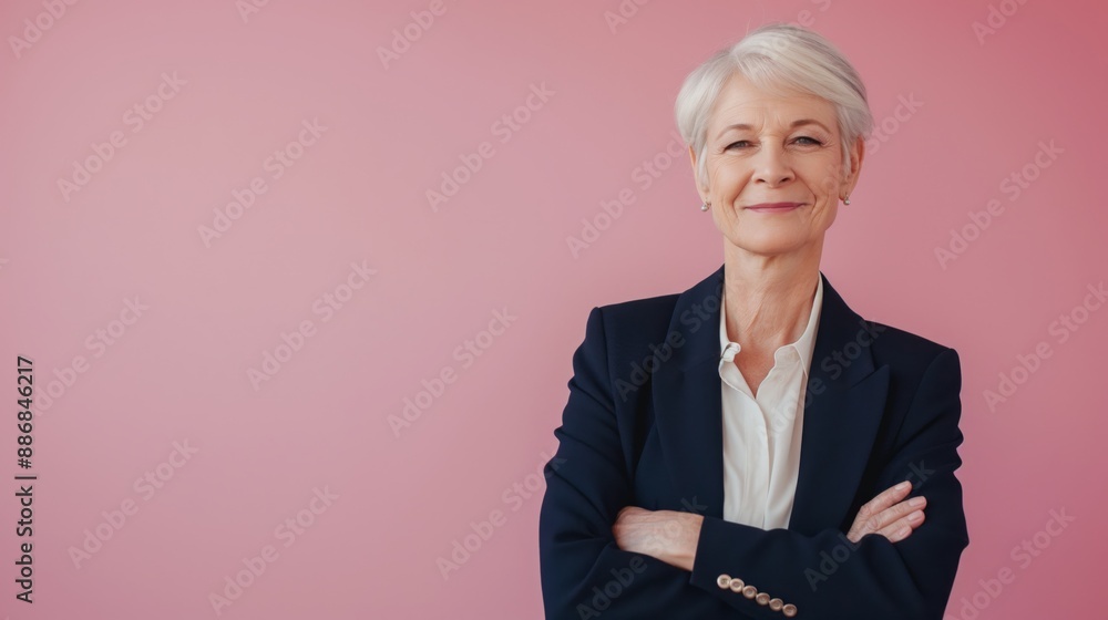 Confident Elderly Businesswoman Standing with Crossed Arms Against a Pink Background for Professional Use Confident Elderly Businesswoman Standing with Crossed Arms Against a Pink Background for Professional Use