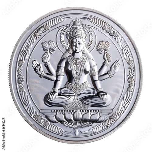 Durga Saraswati or laxmi silver coin isolated on white