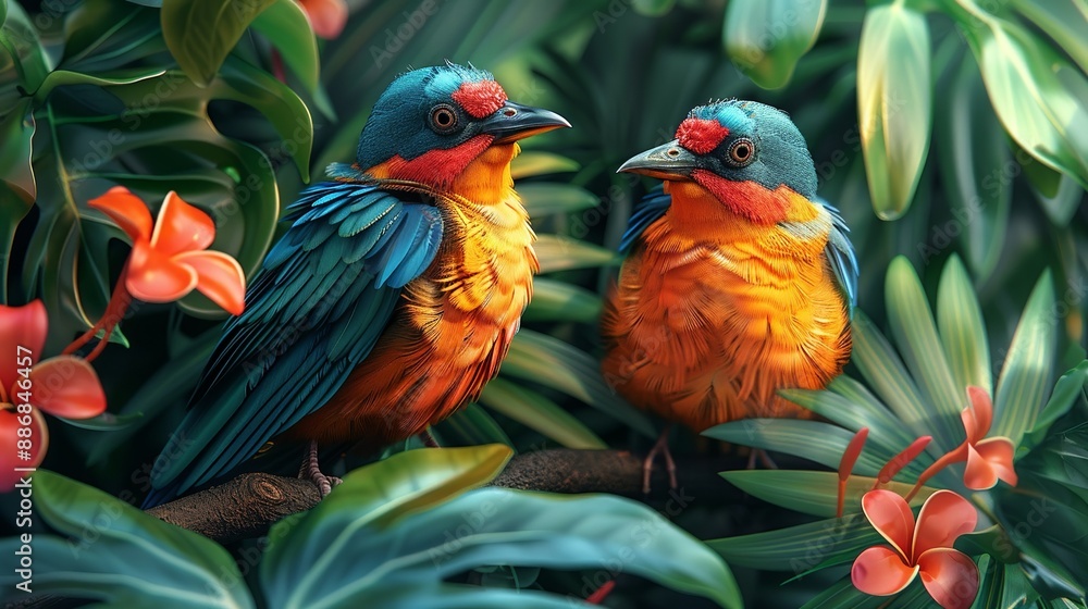 Fototapeta premium Vibrant illustration of tropical birds in a lush jungle setting, showcasing their colorful feathers and exotic charm. Illustration, Image, , Minimalism,