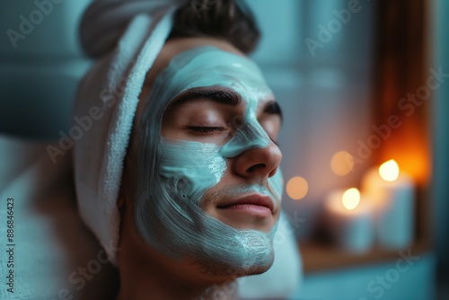 Man relaxing with facial mask and towel on head with candles in background