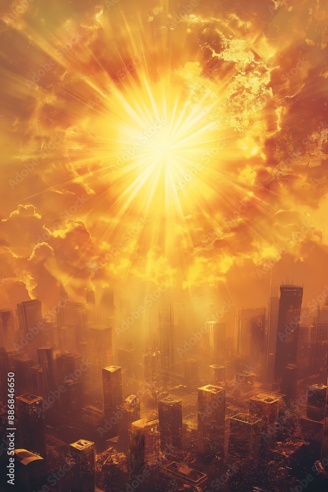 Obraz premium Dystopian cityscape with intense sunburst in sky, high-angle view
