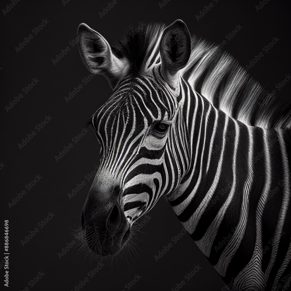 Front of zebra in style of black and white, monochrome photography. Fine art print. Close-up moody portrait of zebra's face with dramatic contrast and depth. Ai generative