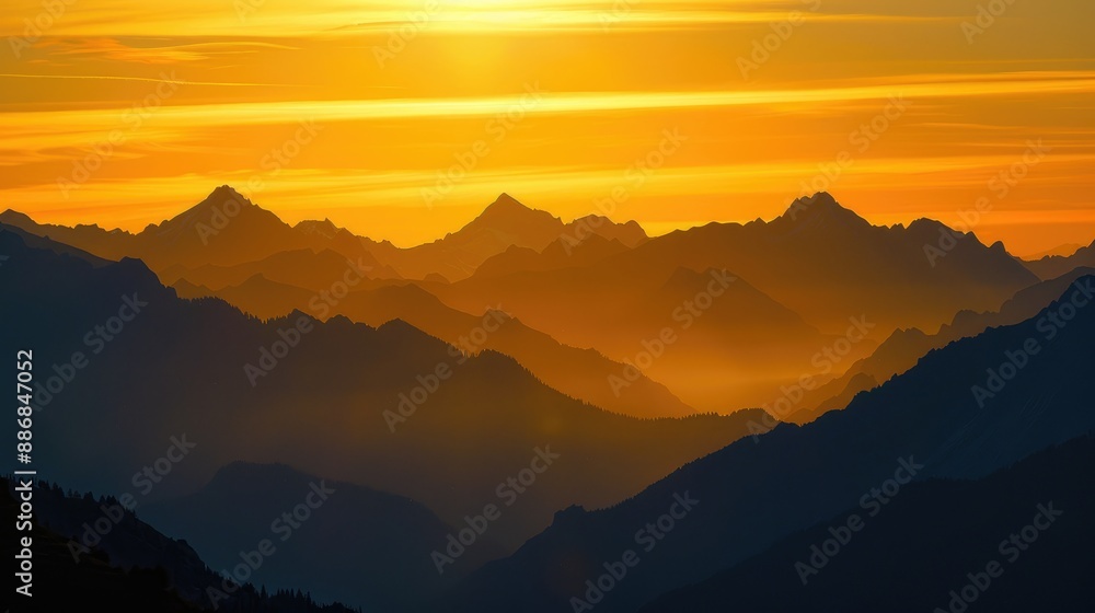 Sunset casting golden hues on mountain silhouettes Sunset casting golden hues on mountain silhouettes
