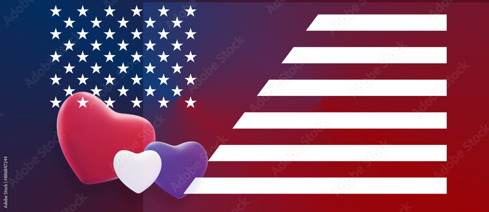 Fototapeta premium red white blue hearts and modern creative abstract flag background of the USA, United States of America