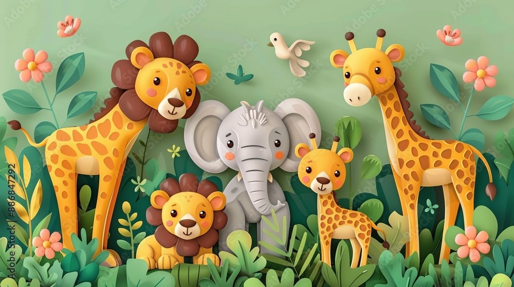 Naklejka premium Dynamic illustration of a group of safari animals, including lions, elephants, and giraffes, in their natural habitat. Illustration, Image, , Minimalism,