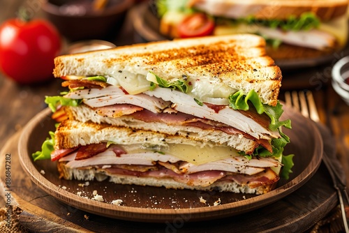 Freshly grilled club sandwich with turkey and ham on wooden plate
