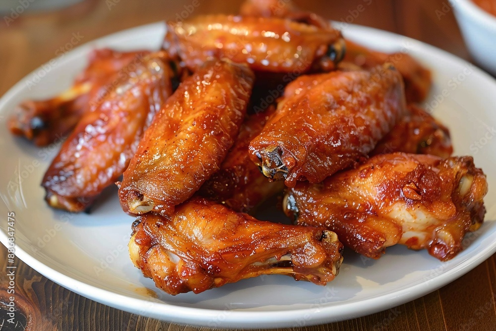 Plate of crispy glazed chicken wings on white ceramic dish Plate of crispy glazed chicken wings on white ceramic dish