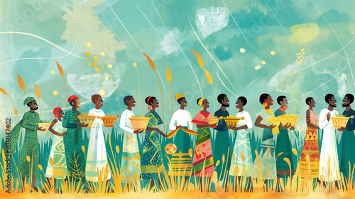 Young girls celebrating Ethiopian New Year by singing door to door, Ethiopia. Culture and holidays