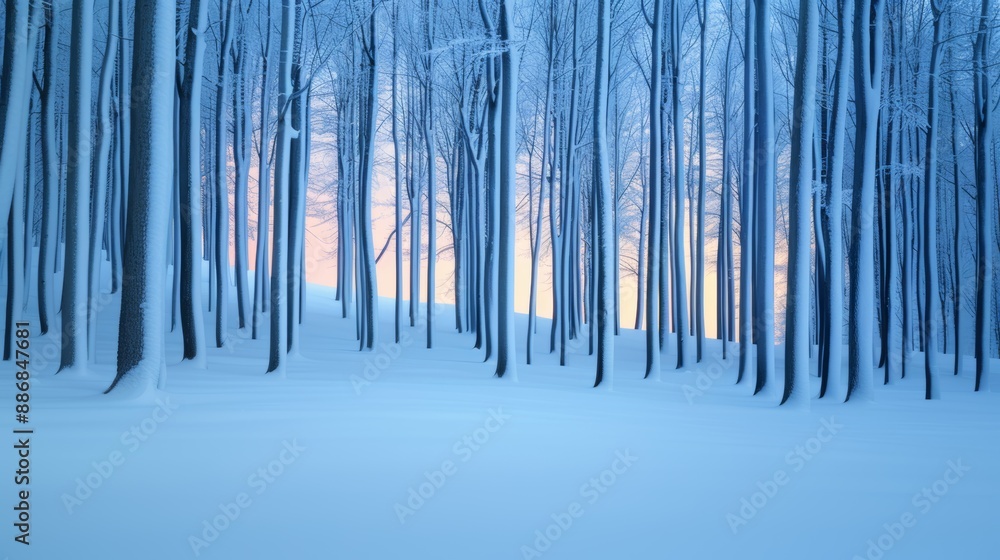 Tranquil winter forest with tall, bare trees and fresh snow at sunrise, creating a serene and peaceful natural landscape. Tranquil winter forest with tall, bare trees and fresh snow at sunrise, creating a serene and peaceful natural landscape.