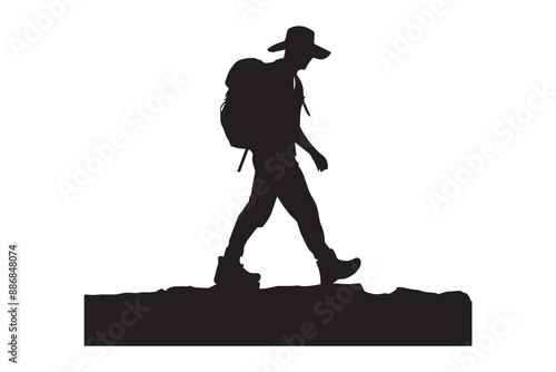 PrintHiking man Silhouettes. hiking man with rucksacks silhouette. hiker with backpack, vector silhouettes. mountaineer climber hiker people. Backpacker. walking with the aid of trekking poles.