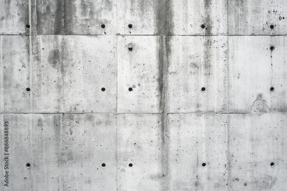 Fototapeta premium Concrete wall texture background features intricate pattern of small holes. Close-up view from below emphasizes imposing presence. Gray and brown hues dominate with white concrete providing contrast.
