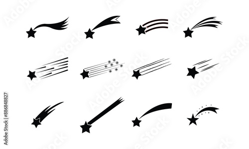Set of shooting stars.  Black Shooting star isolated on white background. Falling stars vector set with different tails. Icons of meteorites and comets. Graphic illustration for web design.