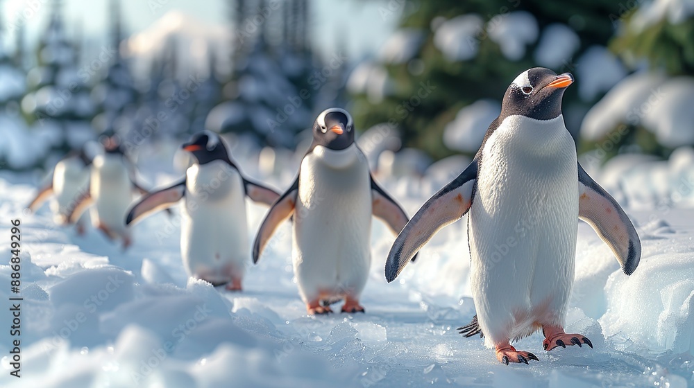 Fototapeta premium Colorful design featuring a group of penguins sliding on ice, illustrating Antarctic wildlife in a playful manner. Illustration, Image, , Minimalism,