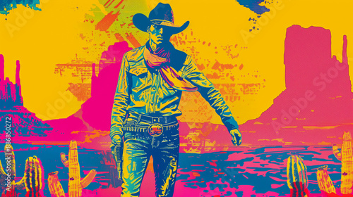 Cowboy walking in the desert, colorful retro illustration, Wild West pop art poster